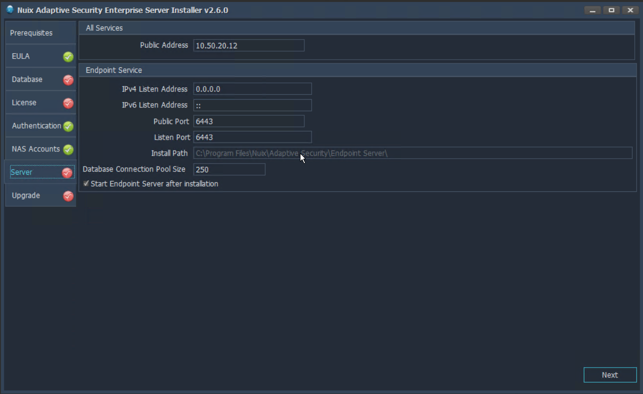 Accept the server default configuration settings. 